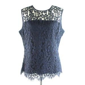 St. John Navy Blue Black Corded Lace Sleeveless Round Neckline Blouse Top 12 NWT